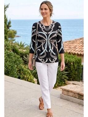 J. McLaughlin Signature Top / Slate And Ivory with Blue Accents / Size M